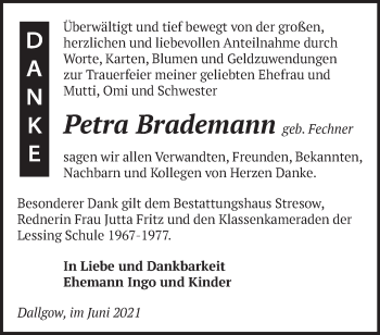 Traueranzeige von Petra Brademann von Märkische Oderzeitung