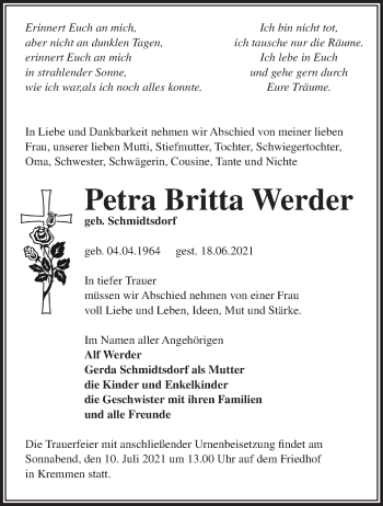 Traueranzeige von Petra Britta Werder von Märkische Oderzeitung