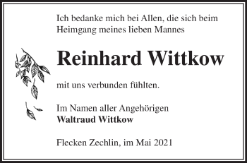 Traueranzeige von Reinhard Wittkow von Märkische Oderzeitung