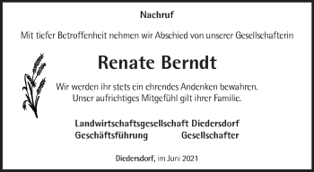 Traueranzeige von Renate Berndt von Märkische Oderzeitung