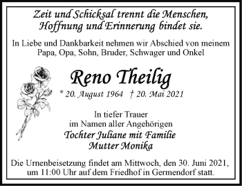 Traueranzeige von Reno Theilig von Märkische Oderzeitung