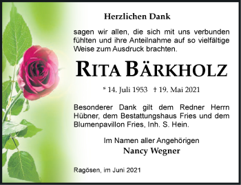 Traueranzeige von Rita Bärkholz von Märkische Oderzeitung