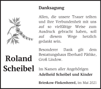 Traueranzeige von Roland Scheibel von Märkische Oderzeitung