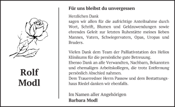 Traueranzeige von Rolf Modl von Märkische Oderzeitung