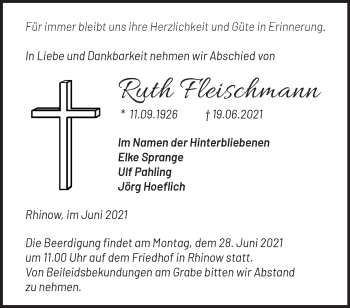 Traueranzeige von Ruth Fleischmann von Märkische Oderzeitung