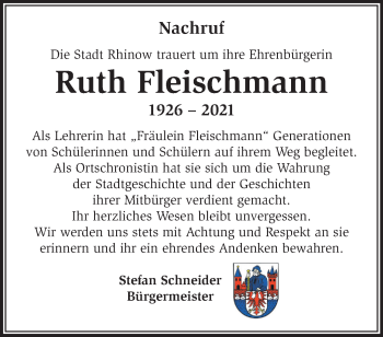 Traueranzeige von Ruth Fleischmann von Märkische Oderzeitung