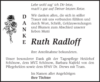 Traueranzeige von Ruth Radloff von Märkische Oderzeitung