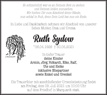 Traueranzeige von Ruth Sydow von Märkische Oderzeitung