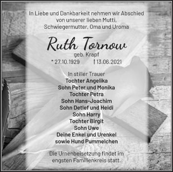 Traueranzeige von Ruth Tornow von Märkische Oderzeitung