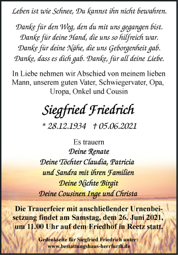 Traueranzeige von Siegfried Friedrich von Märkische Oderzeitung