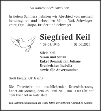 Traueranzeige von Siegfried Keil von Märkische Oderzeitung