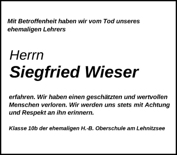 Traueranzeige von Siegfried Wieser von Märkische Oderzeitung