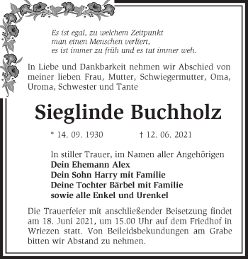 Traueranzeige von Sieglinde Buchholz von Märkische Oderzeitung