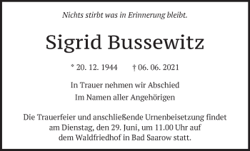 Traueranzeige von Sigrid Bussewitz von Märkische Oderzeitung