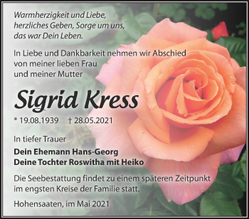 Traueranzeige von Sigrid Kress von Märkische Oderzeitung