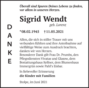 Traueranzeige von Sigrid Wendt von Märkische Oderzeitung