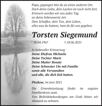 Traueranzeige von Torsten Siegemund von Märkische Oderzeitung