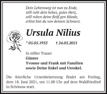 Traueranzeige von Ursula Nilius von Märkische Oderzeitung