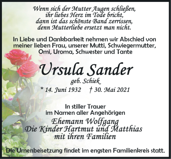 Traueranzeige von Ursula Sander von Märkische Oderzeitung