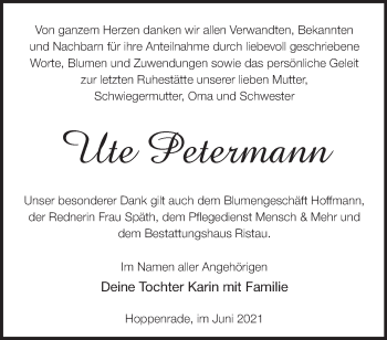 Traueranzeige von Ute Petermann von Märkische Oderzeitung