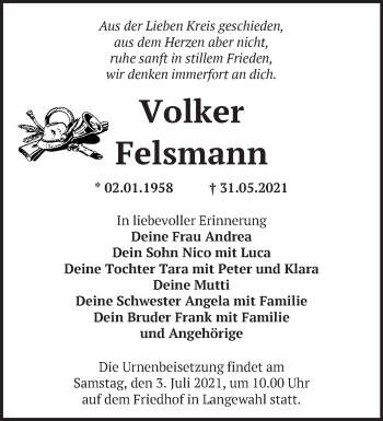 Traueranzeige von Volker Felsmann von Märkische Oderzeitung