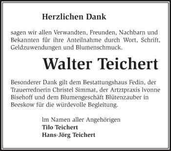 Traueranzeige von Walter Teichert von Märkische Oderzeitung