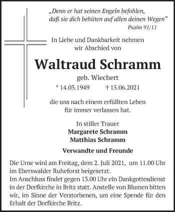 Traueranzeige von Waltraud Schramm von Märkische Oderzeitung