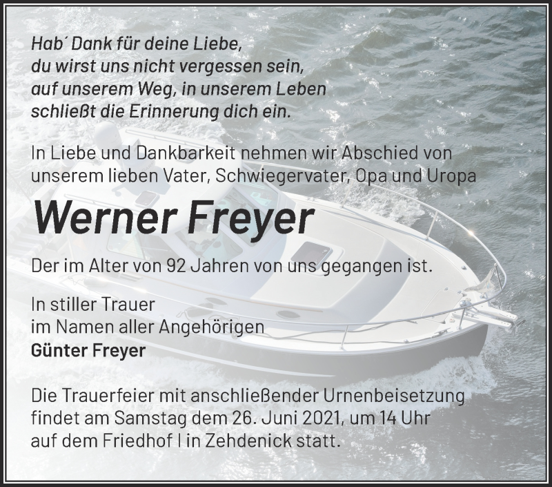  Traueranzeige für Werner Freyer vom 19.06.2021 aus Märkische Oderzeitung
