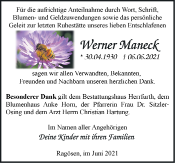 Traueranzeige von Werner Maneck von Märkische Oderzeitung