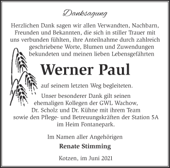 Traueranzeige von Werner Paul von Märkische Oderzeitung