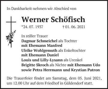 Traueranzeige von Werner Schöfisch von Märkische Oderzeitung