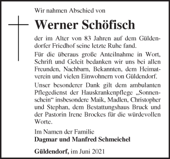 Traueranzeige von Werner Schöfisch von Märkische Oderzeitung