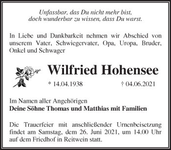 Traueranzeige von Wilfried Hohensee von Märkische Oderzeitung