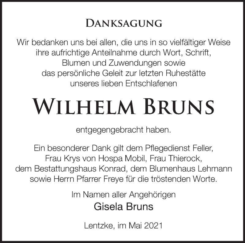  Traueranzeige für Wilhelm Bruns vom 12.06.2021 aus Märkische Oderzeitung
