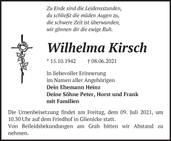 Traueranzeige von Wilhelma Kirsch von Märkische Oderzeitung