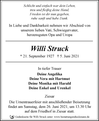 Traueranzeige von Willi Struck von Märkische Oderzeitung