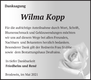 Traueranzeige von Wilma Kopp von Märkische Oderzeitung