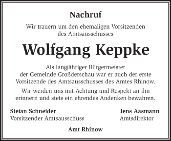 Traueranzeige von Wolfgang Keppke von Märkische Oderzeitung