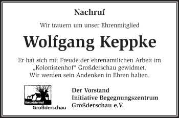 Traueranzeige von Wolfgang Keppke von Märkische Oderzeitung