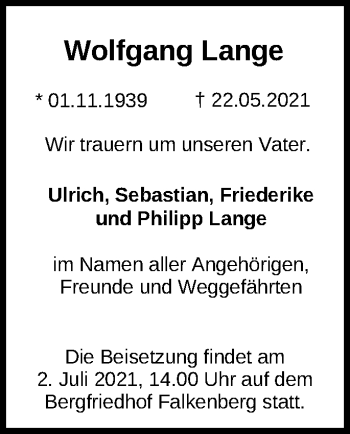 Traueranzeige von Wolfgang Lange von Märkische Oderzeitung