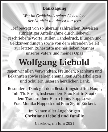 Traueranzeige von Wolfgang Liebold von Märkische Oderzeitung