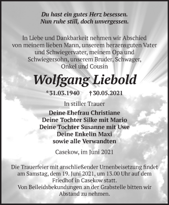 Traueranzeige von Wolfgang Liebold von Märkische Oderzeitung