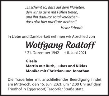 Traueranzeige von Wolfgang Rodloff von Märkische Oderzeitung