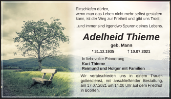 Traueranzeige von Adelheid Thieme von Märkische Oderzeitung