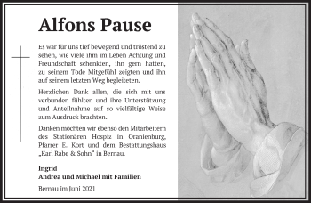 Traueranzeige von Alfons Pause von Märkische Oderzeitung