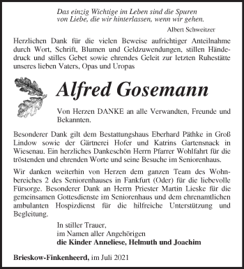 Traueranzeige von Alfred Gosemann von Märkische Oderzeitung