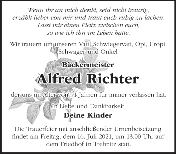 Traueranzeige von Alfred Richter von Märkische Oderzeitung