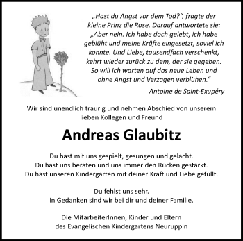 Traueranzeige von Andreas Glaubitz von Märkische Oderzeitung