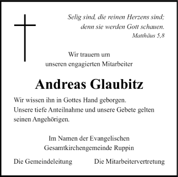 Traueranzeige von Andreas Glaubitz von Märkische Oderzeitung