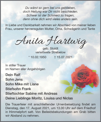 Traueranzeige von Anita Hartwig von Märkische Oderzeitung